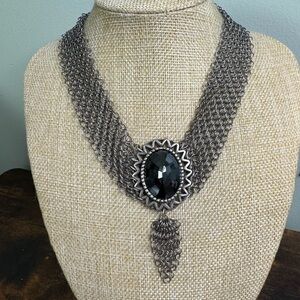 Vintage Chain Mail Necklace Silver Tone With Back Oval Pendant Gothic 20 Inch
